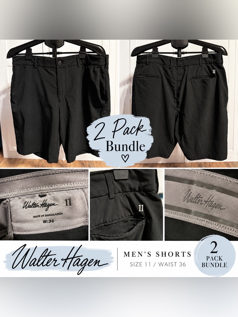 Walter Hagen Men's Golf Shorts 2 Pack Bundle Black Size 11 Waist 36